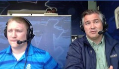 Chris Wenzler (right) broadcasting a JCU football game in Ireland: with former studentBrendan Gulick.